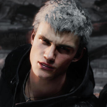 Black and white photo of Dante from Devil May Cry.